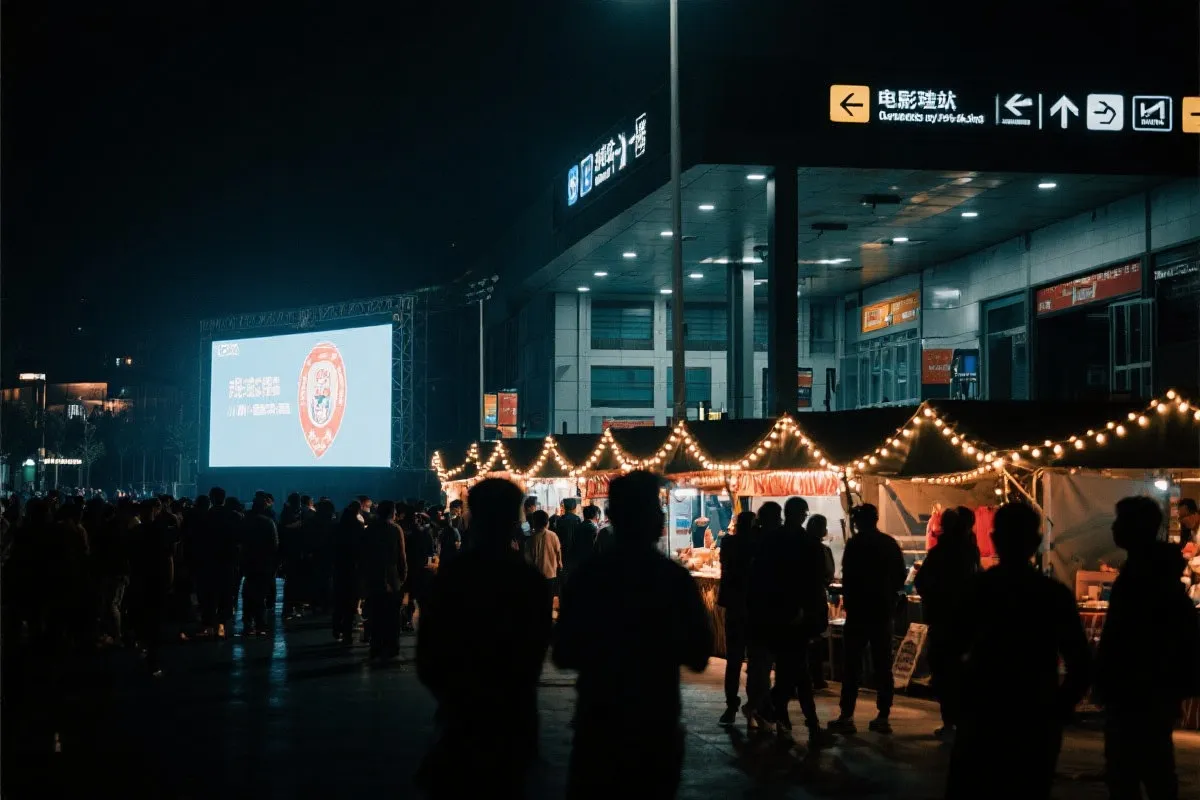 费城球迷广场夜景：大屏观赛人群、步行指示牌与公共交通入口